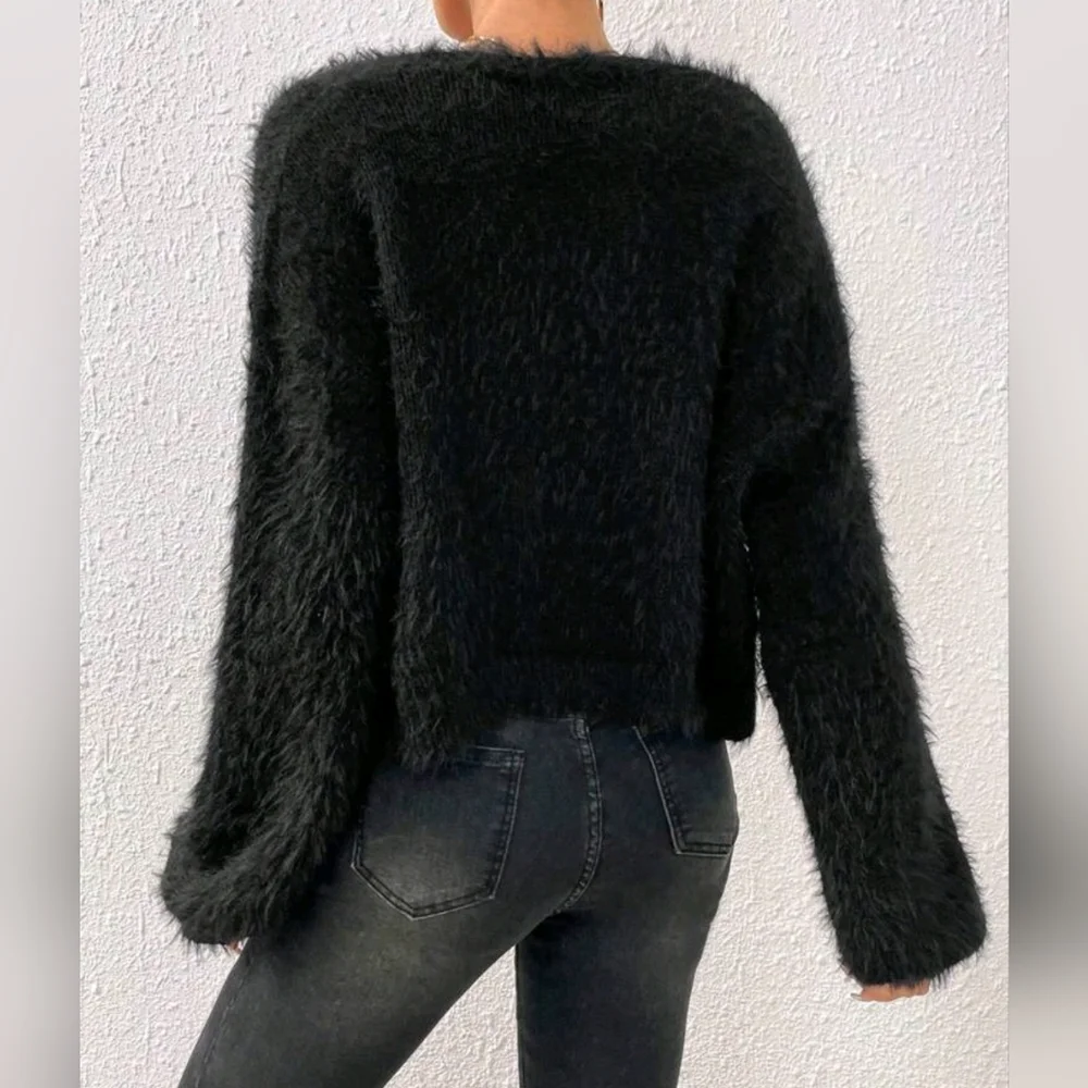 New Luxe Fluffy Faux Fur Like Knit Cardigan Sweater Cropped Black